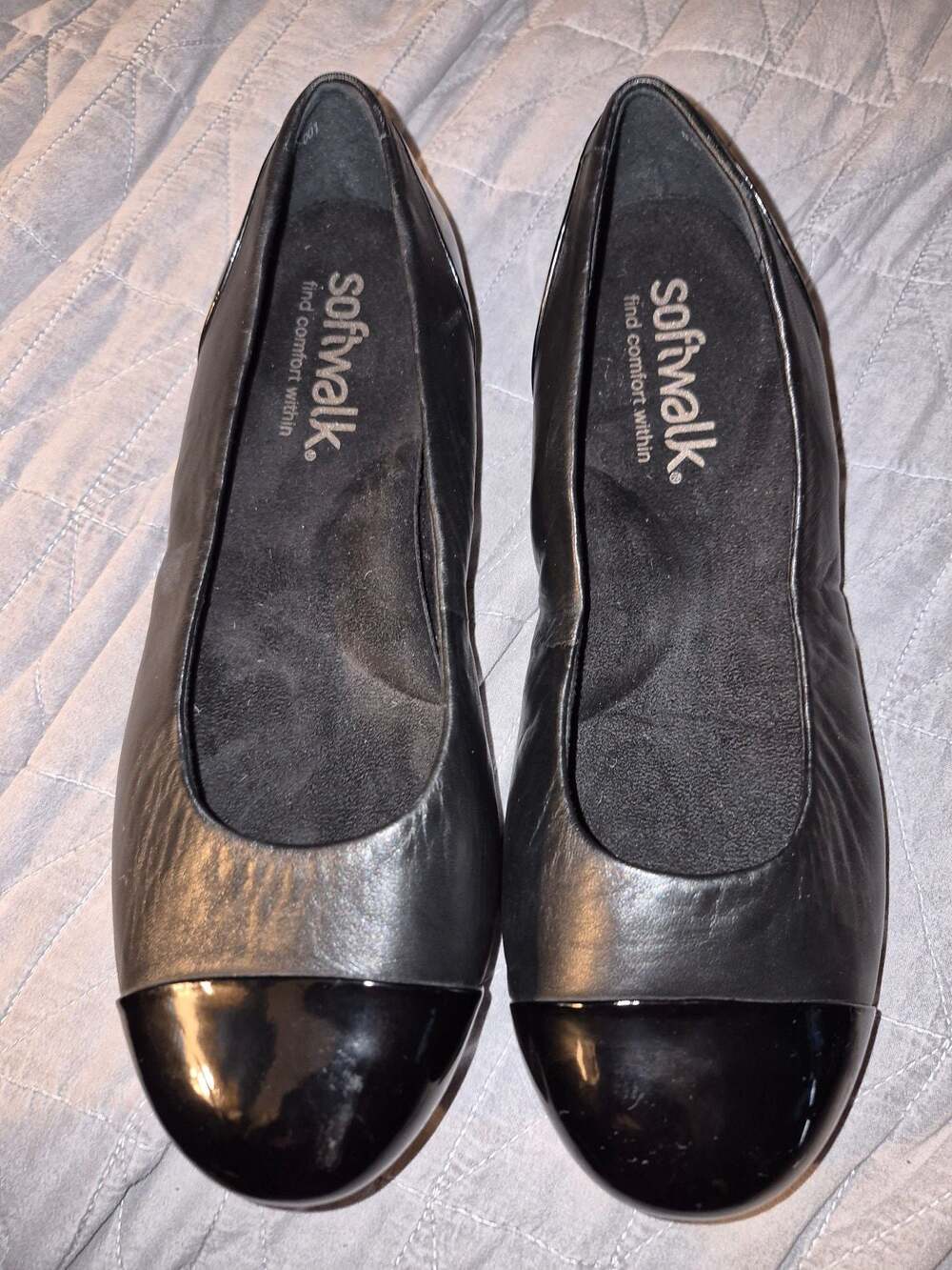 SoftWalk Black Leather Cap Toe Ballet Flats
